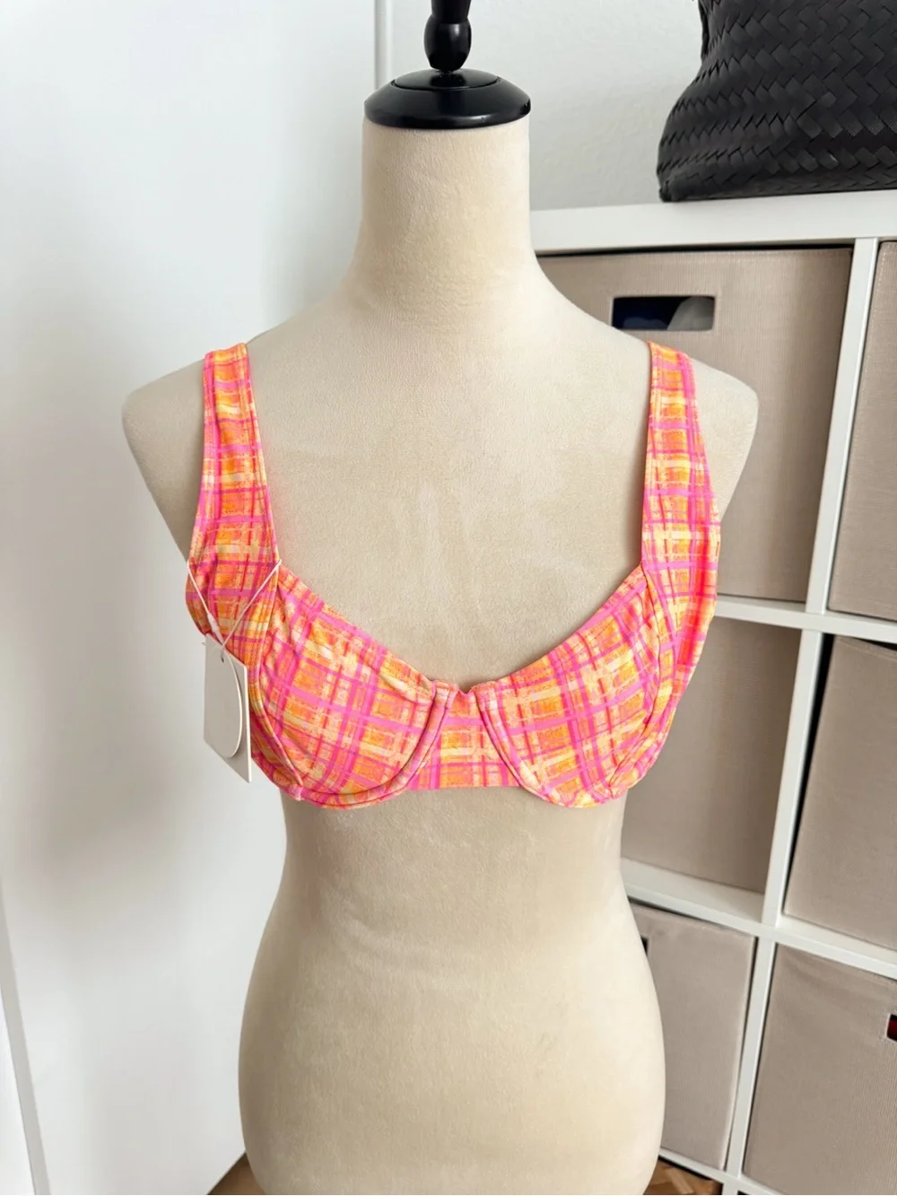 Kulani Kinis Underwire Bralette Bikini Top Peaches Orange Plaid NWT